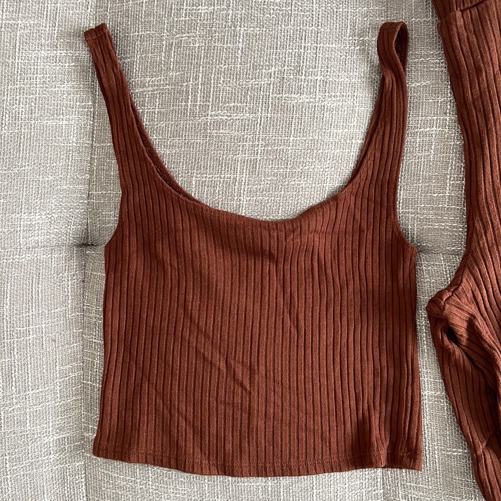 Reformation Ribbed Two-Piece Lounge Set in Rust Brown - Picture 2 of 13